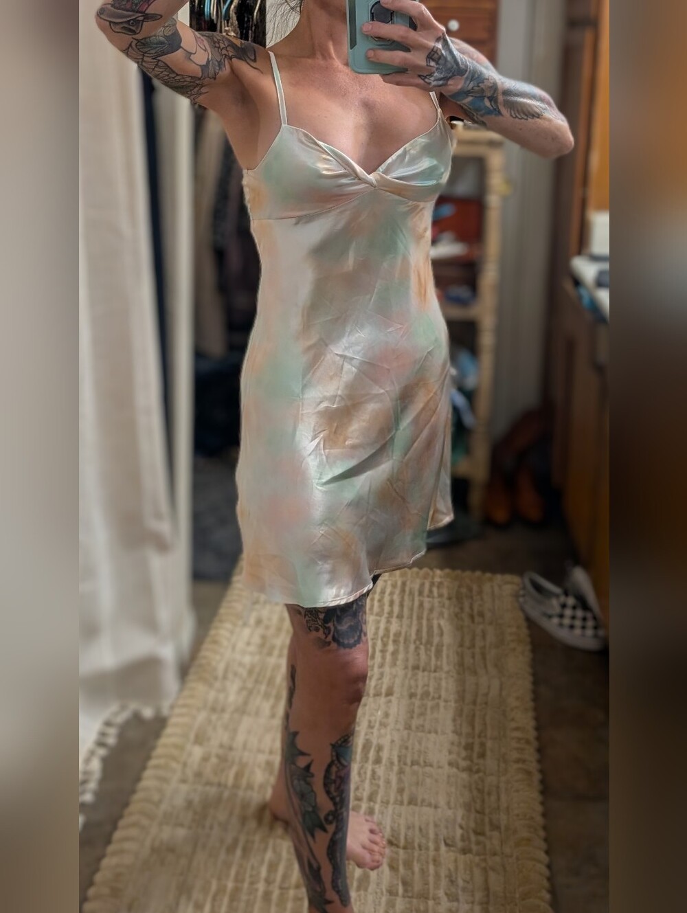 Cider Pastel Tie-Dye Satin Slip Dress in Mint & Peach
